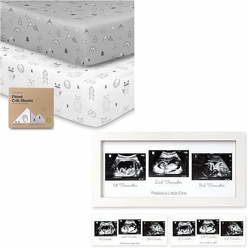 KeaBabies 2-Pack Organic Crib Sheets for Boys, Girls and Sonogram Picture Frame - Jersey Fitted Crib Sheet - Trio Ultrasound Picture Frames for Mom to Be Gift - Baby Crib Sheets Neutral