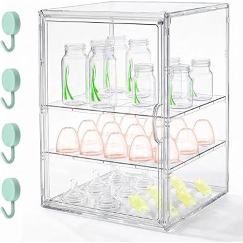 Baby Bottle Organizer, 3 Tier Bottle Storage Organizer Baby, Adjustable Clear Acrylic Bottles Storage Station with Magnetic Door and Hook for Pacifiers Pump Parts, Makeup & Bathroom Organizer