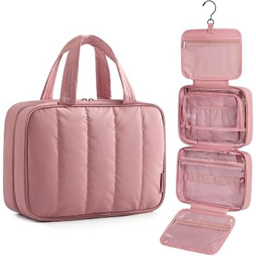 BAGSMART Travel Toiletry Bag for women, Portable Hanging Hook Makeup Bag Organizer, Waterproof Makeup Cosmetic Bag, for Full-Size Accessories, Toiletries, Dusty Rose