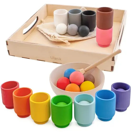 Ulanik Balls in Cups Toddler Montessori Toys for 1 Year Old + Kids Preschool Wooden Matching Games for Learning Color Sorting and Counting