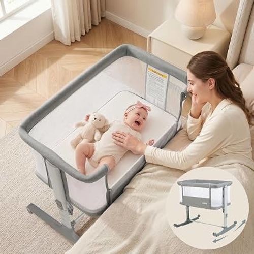 INFANS 3 in 1 Baby Bassinet Bedside Sleeper with Manual Rocking, Light Grey | Portable Newborn Crib with All Mesh Sides, Comfy Mat, Adjustable Heights, Wheels, Travel Bag, Easy Setup