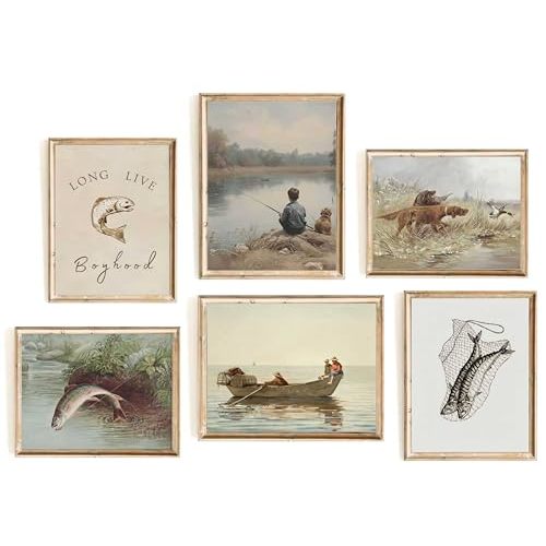 6Pcs Vintage Nursery Wall Art Fishing Hunting Canvas Paintings Baby Boy Room Pictures Wall Decor Hunting Dog Pheasant Posters Prints for Kids Bedroom Farmhouse Unframed