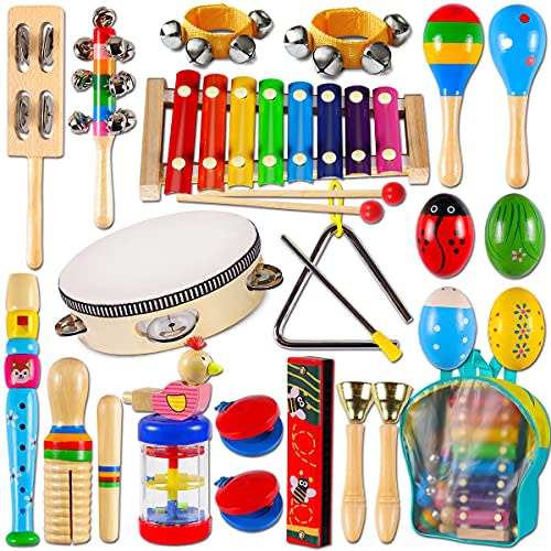LOOIKOOS Toddler Musical Instruments,Wooden Percussion Instruments Toy for Kids Preschool Educational Musical Toys Set for Boys and Girls with Storage Bag