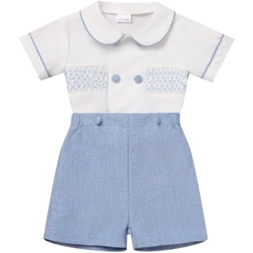 ODASDO Baby Boy Smocked Outfit Toddler Kids Short Sleeve Shirt and Shorts Set for Birthday Party Cake Smash Wedding Baptism