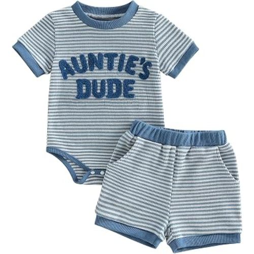 Mamas Boy Baby Clothes​ Summer Newborn 3 6 9 12 Months Striped Waffle Knit Short Sleeve Romper Shorts Set Outfit