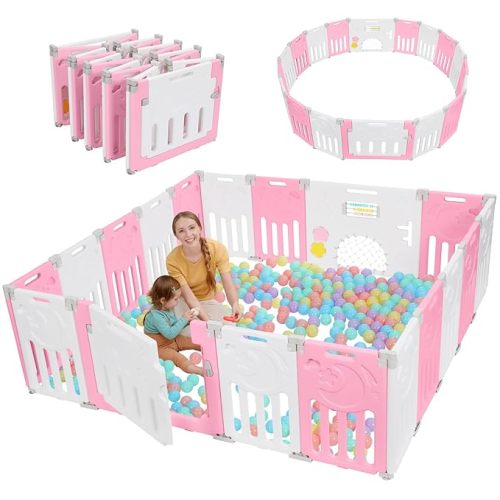Baby Playpen, Dripex Baby Playard for Babies and Toddlers, 14-Panel Foldable Playpen Adjustable Portable Play Area, Indoor/Outdoor Kids Active Center with Game Panel & Safety Gate, Grey White