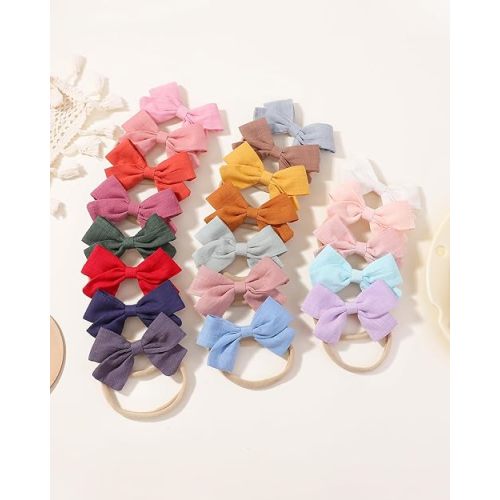 jollybows 20pcs Baby Girls Nylon Hair Bows Headbands Linen Bands Elastic Accessories for Baby Girls Infants preemie and Newborn Kids