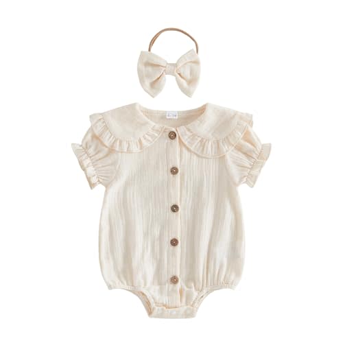 Baby Girl Summer Clothes Linen Romper Button Down Ruffle Sleeve Bodysuit Solid Color Jumpsuit Infant Summer Outfit