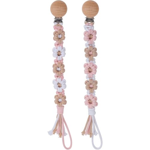 Pacifier Clip for Boys Girls Floral Daisy Macrame Baby Paci Clip Pacifier Holder Leash Boho Wooden Clips Handmade Braided Cotton Binky Clips (2pack:Khaki Style × 2)