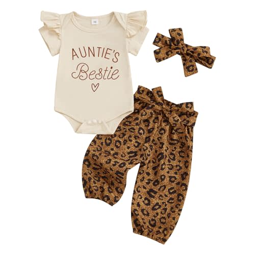 Aunties Bestie Baby Girl Clothes Aunt Saying Letter Embroidery Ruffle Romper Leopard Pant Headband 3Pcs Summer Outfit