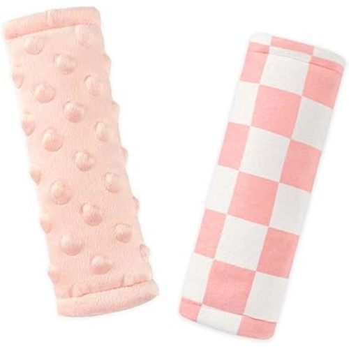 DILIMI Baby Car Seat Belt Covers, 2Pcs Carseat Shoulder Strap Pads, Soft Minky Car Seat Neck Covers, Newborn Car Seat Strap Protectors, Stroller Strap Covers for Baby Kids, Pink Checkered