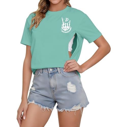 Comfort Breastfeeding Shirts for Women Zip Nursing Tops Causal Distressed Acid Washed Maternity Tees