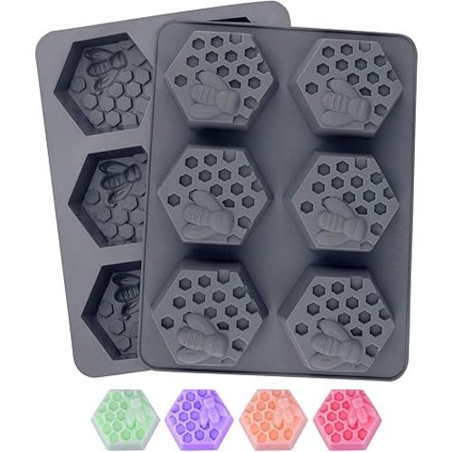 2Pcs 3D Bee Silicone Soap Molds, Hexagonal Honeycomb Silicone Molds for Homemade Soaps Chocolate Jelly Cake Making