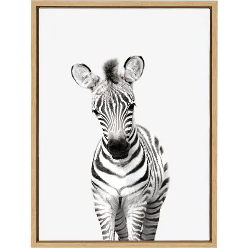 Kate and Laurel Sylvie Baby Zebra Animal Print Portrait Framed Canvas Wall Art by Amy Peterson, 18x24 Natural