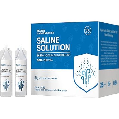 BASE LABORATORIES 0.9% Saline Solution Vials - Versatile 0.9% Sodium Chloride Saline Ampoules - Preservative Free Saline Solution Single use vials - USP Grade 25 Vials x 5ml Count