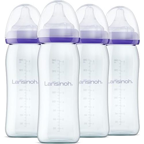 Lansinoh Anti-Colic Glass Baby Bottles for Breastfeeding Babies, 8 Ounces, 4 Count Bottles for Feeding, Baby Essentials, Includes 4 Medium Flow Nipples, Size M