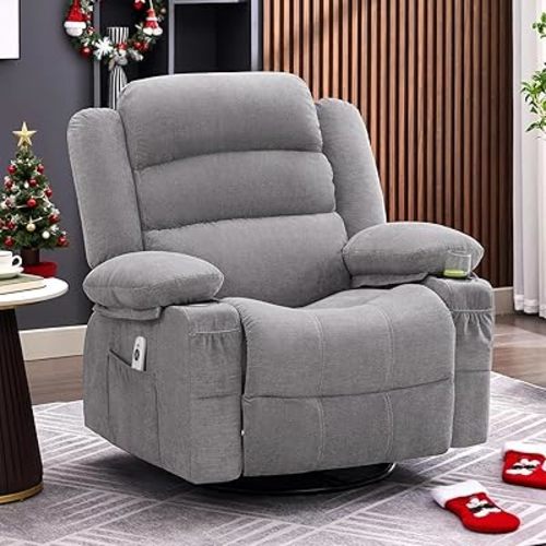 Rocker Recliner Chair with Heat and Massage, 360° Swivel Recliner Chairs for Adults, Oversized Recliner Single Sofa Seat with Cup Holders, Lazy Boy Recliner Single Sofa (Manual, Grey)