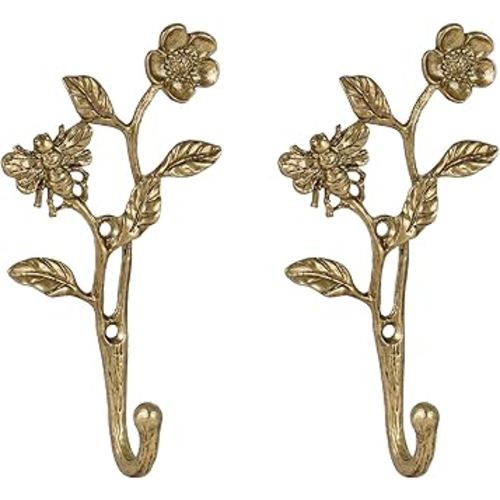 SOFFEE DESIGN 2pcs Metal Dark Gold Coat Hooks with 3D Bee & Flowers Shape, for Entryway, Bathroom, Bedroom Farmhouse Decoration