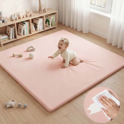Baby Play Mat, Caveen Vegan Leather Baby Playpen Mat, Thicken Soft Crawling Mat for Infant, Wipe-Clean, 50"x 50", Pink