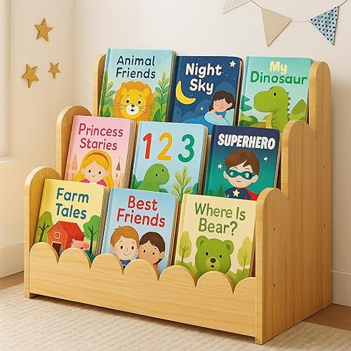 3-Tier Wooden Kids Bookshelf, Montessori Scalloped Bookcase Toddler Front Facing Book Display for Nursery, Baby Bookshelf Organizer for Kids Rooms, Playroom or Classroom