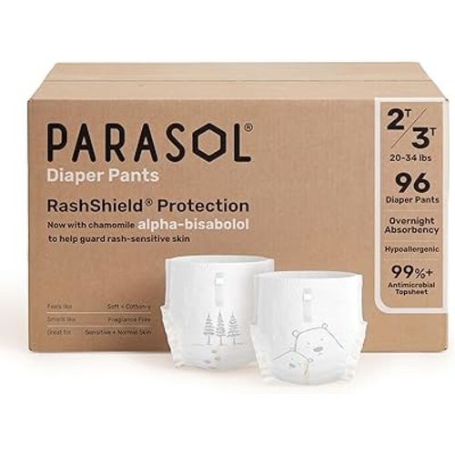 Parasol Chlorine Free Disposable Diaper Pants, Size 4 (2T-3T) 96 Count, Pull-On Style with RashShield Protection and Active 360 Comfort Wrap, Hypoallergenic Training Diaper