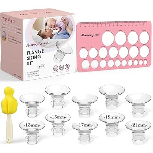 Flange Sizing Kit 3 in 1 Ultimate with 10PCS Flange Inserts 13/15/17/19/21mm, Nipple Ruler, Cleaning Brush, Silicone Flange Insert Kit for 24mm Most Pumps, Pumping Breastfeeding Essentials