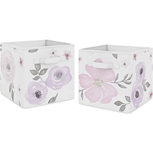 Sweet Jojo Designs Lavender Purple Boho Shabby Chic Floral Girl Collapsible Fabric Storage Cubes Foldable Bins Organizer Boxes Kids Baby Childrens Toys - 2 Set Violet Ivory Bohemian Vintage Watercolor