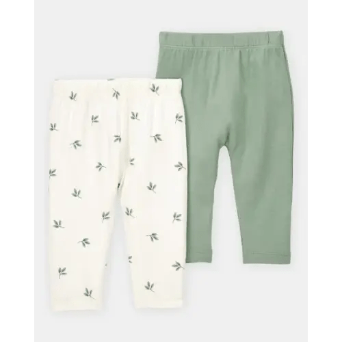 Baby Girl 2-Pack PurelySoft Pull-On Pants - Green/White | Carter's