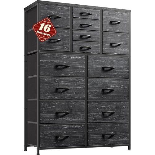 57“H Dresser for Bedroom with 16 Drawers,Fabric Dressers & Chests of Drawers, Large Black Dresser with Sturdy Metal Frame, Wood Top,Entryway, Hallway