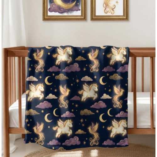 Unicorn Baby Blanket, Celestial Nursery Throw, Magical Moon Stars Crib Blanket, Fantasy Baby Girl Nursery Decor, Baby Shower Gift
