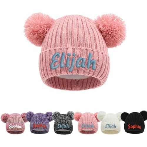 Custom Winter Beanie Hats for Kids Toddler Beanie Hat with Pom Embroidered Hats for Girls Boys Fleece Warm Lined Knit Beanies