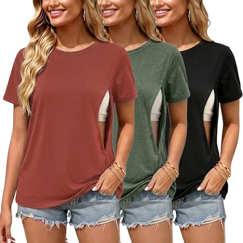 Ecavus 3 Pack Nursing Shirts for Breastfeeding, Hidden Zippers Nursing Tops | Crew Neck,Short Sleeve,Cotton Breastfeeding Shirts,Postpartum Clothes for Women,Side Zipper,Discreet Nursing,Comfort,Soft
