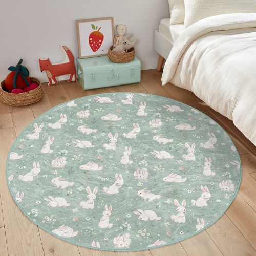 Bunny In The Forest Kid&#39;s Room Rug|Washable Round Nursery Rug|Anti-Slip Rabbit Figured Baby Room Carpet|Green Kid&#39;s Door Mat|Kinderkarten