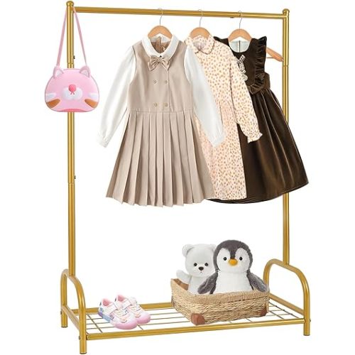 Baby Clothes Organizer, Kids Dress Up Storage Rack, Small Clothes Rack with Metal Storage Shelf, Kids Closet Organizers and Storage, Baby Closet (Gold)