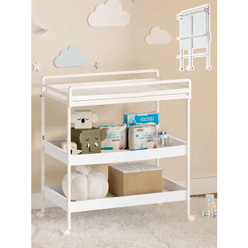 VBABY Foldable Baby Changing Table with Wheels, Certified Diaper Changing Station with Storage Drawers, 3 in 1 Portable Compact Diaper Table for Nursery, White