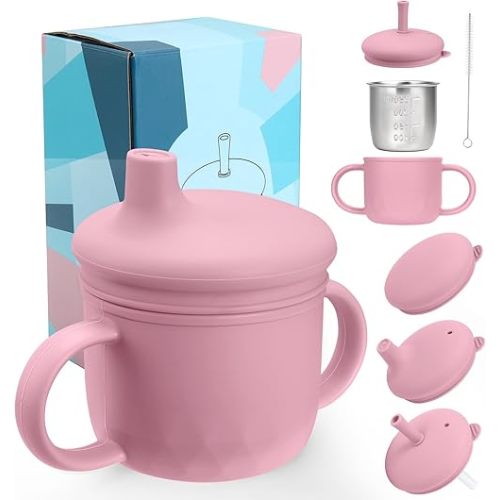 3-In-1 Stainless Steel Sippy Cup for 6+ Month Old, Baby Straw Cups for Toddlers 1-3 with Travel Lid, Silicone Straw, Replacement Straw & Cleaning Brush - 8oz Toddler Cups Spill Proof Bpa Free Set