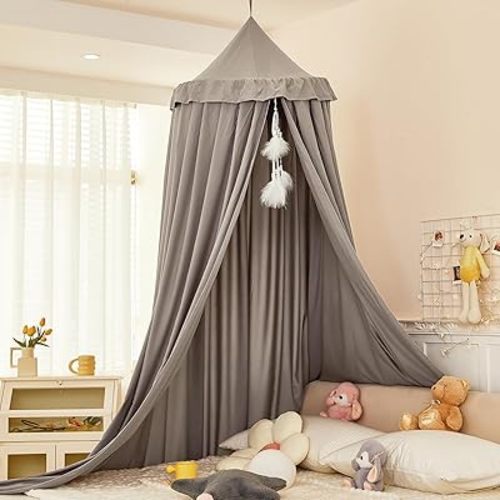 Princess Decor Canopy for Kids Bed, Soft and Durable Bed Canopy for Girls Room Tent Canopy Dreamy Mosquito Net Bedding, Children Reading Nook Canopies Indoor (Grey)
