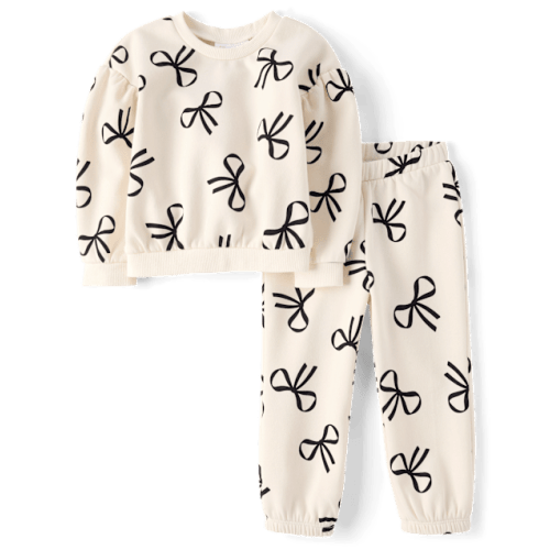 Toddler Girls Bow Premium Fleece 2-Piece Outfit Set - White