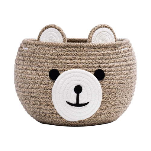 Cute Bear Woven Storage Baskets with Handles, 26x26x20cm Kids Laundry Hamper, Soft Cotton Rope Storage Bins for Baby Nursery Toys Clothes Organizer