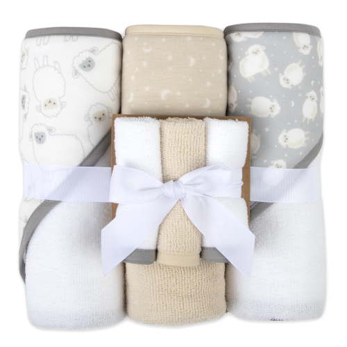 Baby Essentials 6 Piece Hooded Bath Towel Washcloth Set for Infant, Newborns, Toddlers 3 – 24 Months for Bath Time, Showers, Lounge, Beach, Pool in Little Lambs, Moons & Stars