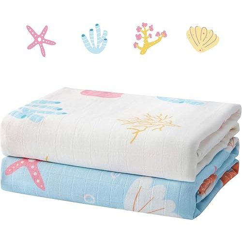 2 Pack Muslin Swaddle Blankets – Soft & Breathable 47x47 Inches Large Receiving Blanket for Newborn Baby, Gentle Swaddling Wrap for Boys and Girls (Underwater Magic)