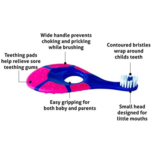 Trueocity Baby Toothbrush 4 Pack & Bonus Silicone Finger Brush, Soft Bristles, Toddler Toothbrushes, Infant & Training w/ Teething Handle, 0-2 Years, Pink Set