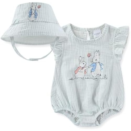 Peter Rabbit Baby Girls Romper with Hat 2 Piece Outfit Set for Newborn and Infant