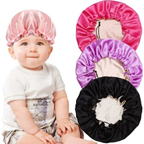 4 Pack Kids Satin Bonnet,Adjustable Sleeping Cap,Reversible Double Layer Sleep Caps,Hair Bonnet Soft Silk Satin Cap Night Hats for Natural Hair Teens Toddler Baby (Pink, Purple, Black, Rose red)