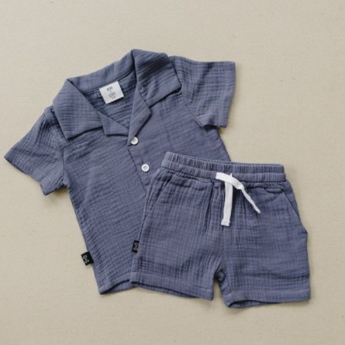 Kids Clay Camp Shirt Linen Short Set Blue 3-6M - Olive + Scout