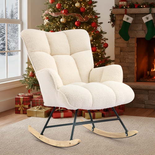 Nursery Rocking Chair Teddy, Upholstered Glider Rocker with High Backrest, Comfortable Stylish Accent Armchair with Padded Seat for Living Rooms, Bedrooms, Offices Ivory
