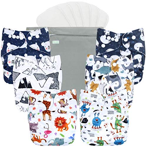 wegreeco Cloth Diapers 6 Pack with 6 Inserts & 1 Wet Bag, Washable Cloth Diapers for Babies, One Size Adjustable Reusable (Cool Animals)