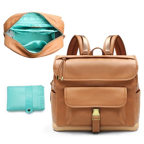 MOMINSIDE Diaper Bag Backpack, 12 Pockets Leather Mini Diaper Bag, Baby Bag Backpack, Baby Registry Search, 4 Insulated Pockets, Changing Pad, Stroller Straps(Brown)