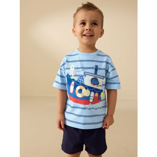 Blue Stripe Sealife Boat Short Sleeve Interactive T-Shirt (1.5-2 years)