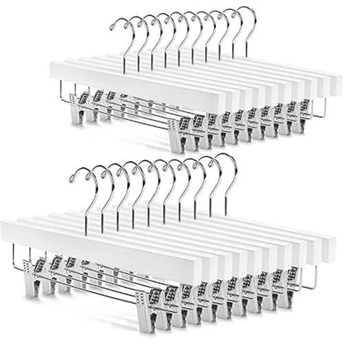 Nature Smile Solid Lotus Wood Deluxe Wooden Pants Hangers Bottom Hanger Jeans Hanger Skirt Hanger with 2-Adjustable Clips Anti Rust Hook Pack of 20 (White)